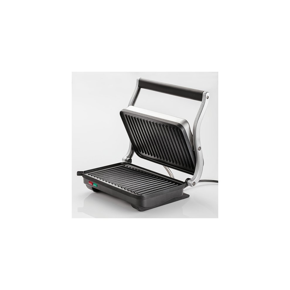 Silver Healthy Grill by Judge, featuring a sleek stainless steel design, ribbed grilling plates, and a sturdy handle, ideal for healthy cooking.