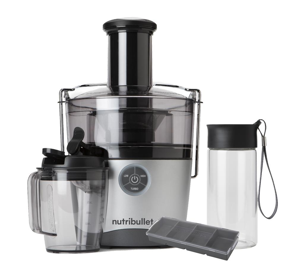 Silver Nutribullet 1000W Juicer Pro NBJ-200 with a black top, featuring a control dial, accompanied by a clear blending cup, a bottle, and a storage container.