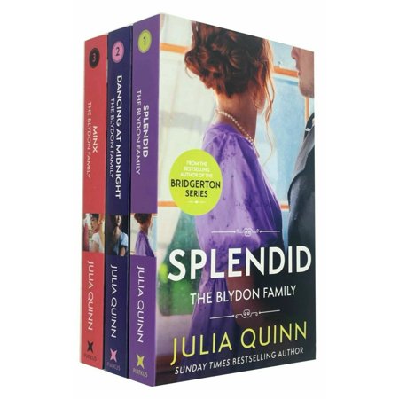 Three paperback books by Julia Quinn: "Splendid," "Dancing at Midnight," and "Minx," featuring colorful covers with elegant designs and titles prominently displayed.