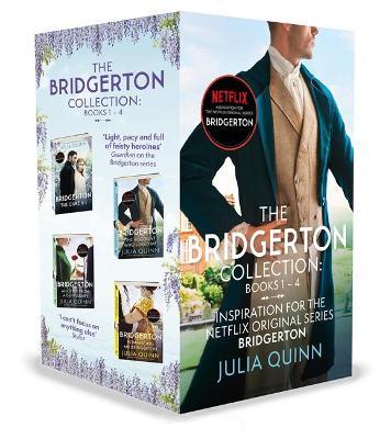 The Bridgerton Collection box set features four books by Julia Quinn, with a colorful cover showcasing elegant illustrations and a prominent Netflix logo.