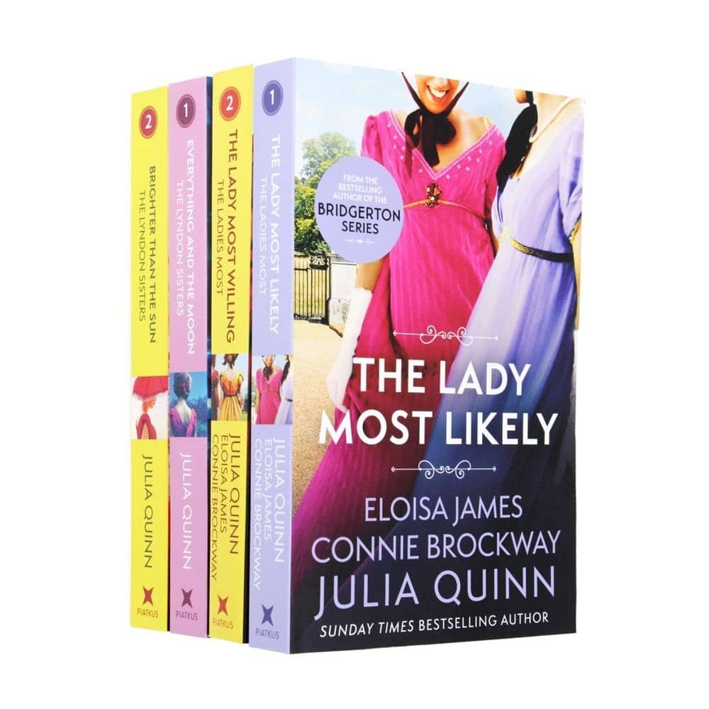 Four paperback books from the "Lyndon Sisters & Lady Most" series by Julia Quinn, featuring vibrant covers in pink and purple, with elegant dress illustrations and bold titles.