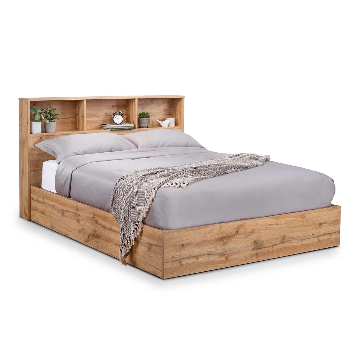 Light oak storage bedframe with a 90cm single size, featuring a headboard with built-in shelves and a modern, minimalist design, complemented by a grey bedding set.