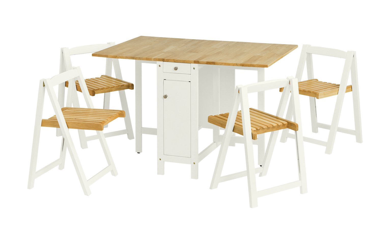 Savoy dining table set featuring a white frame, a natural wood top, and four matching foldable chairs with wooden slats, ideal for compact spaces.