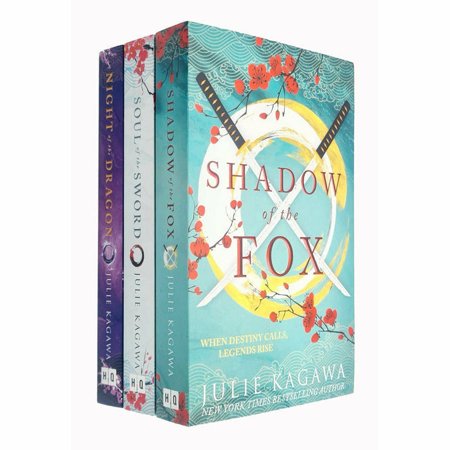 Three colorful paperback books by Julie Kagawa: "Shadow of the Fox," "Soul of the Sword," and "Night of the Dragon," featuring vibrant covers with floral designs and sword imagery.