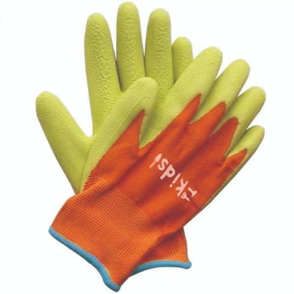 Bright green and orange children's gardening gloves with textured grip, featuring a blue cuff and playful design, ideal for young diggers.
