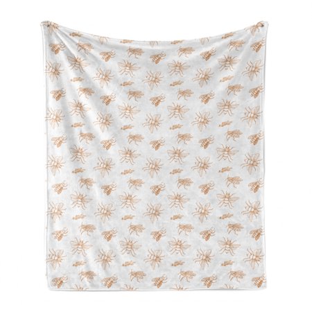 Cozy soft flannel fleece throw blanket featuring hand-drawn honey bee illustrations in a warm tan color on a plain white background. Perfect for indoor and outdoor use.