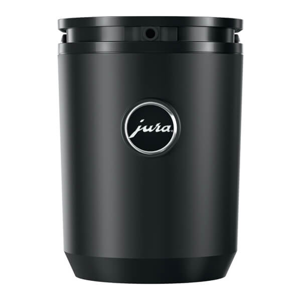 Black 1L milk cooler with a sleek cylindrical design, featuring a silver Jura logo on the front and a lid for easy access.