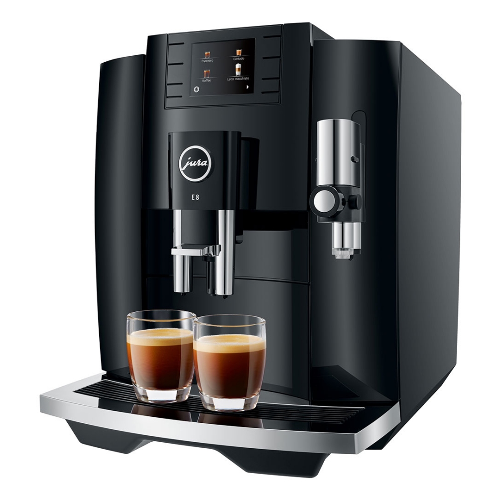 Sleek black Jura E8 coffee machine with a digital display, two espresso cups, and chrome accents, designed for brewing high-quality coffee.
