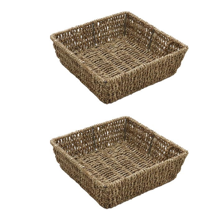 Beige square storage trays made from seagrass, featuring an open weave design, ideal for organizing items, sold as a pack of two.