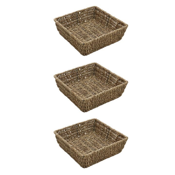 Beige square storage trays made of seagrass, featuring a woven design, stacked in a pack of three, ideal for organizing items in a stylish manner.