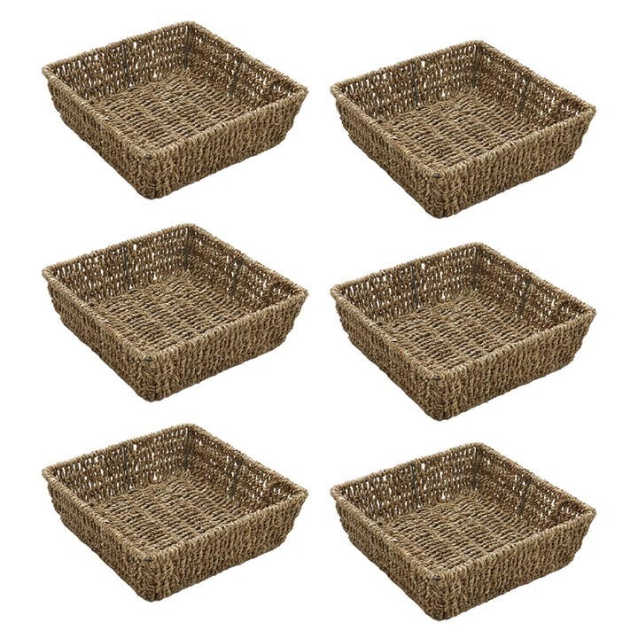 Beige square storage trays made from seagrass, featuring a woven design, with a pack of six available for organizing and decor.