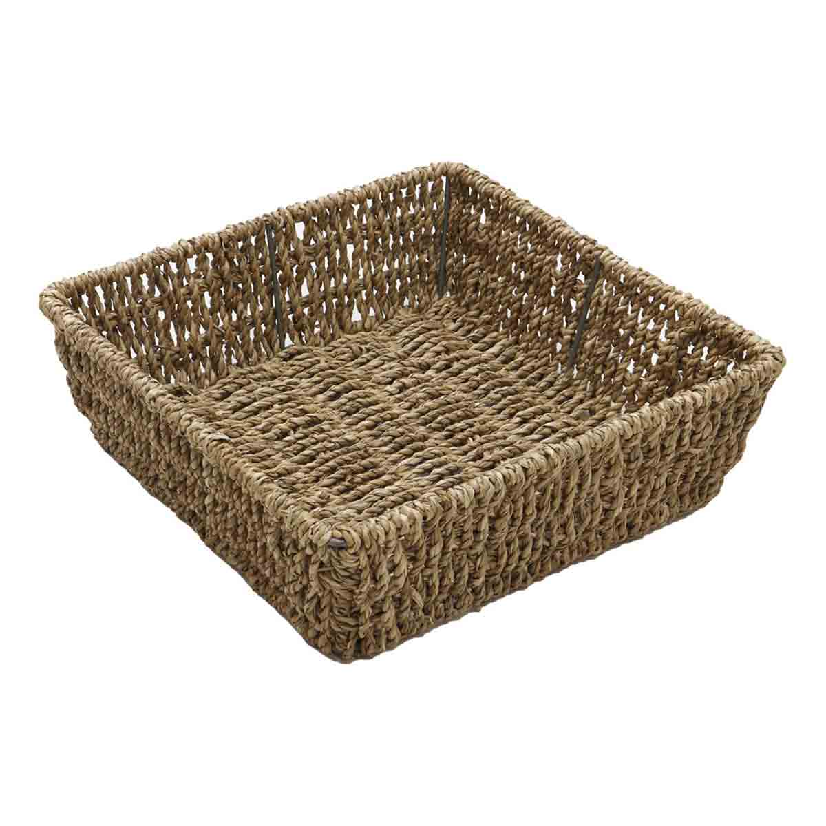 Square storage tray made of woven brown seagrass, featuring an open design and sturdy construction, ideal for organizing items in a stylish manner.