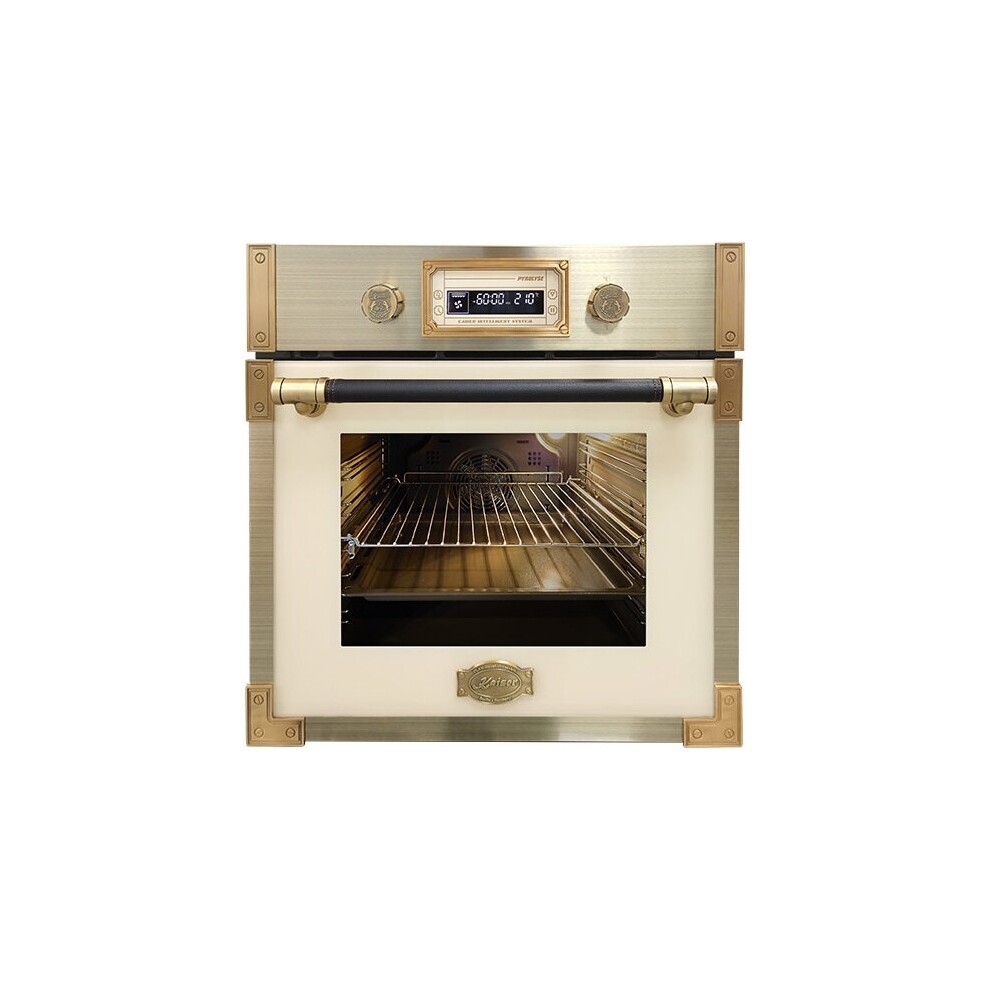 Kaiser Art Deco Multi 9 Electric Oven features a cream-colored body with brass accents, a digital display, and a glass door showcasing the interior rack.