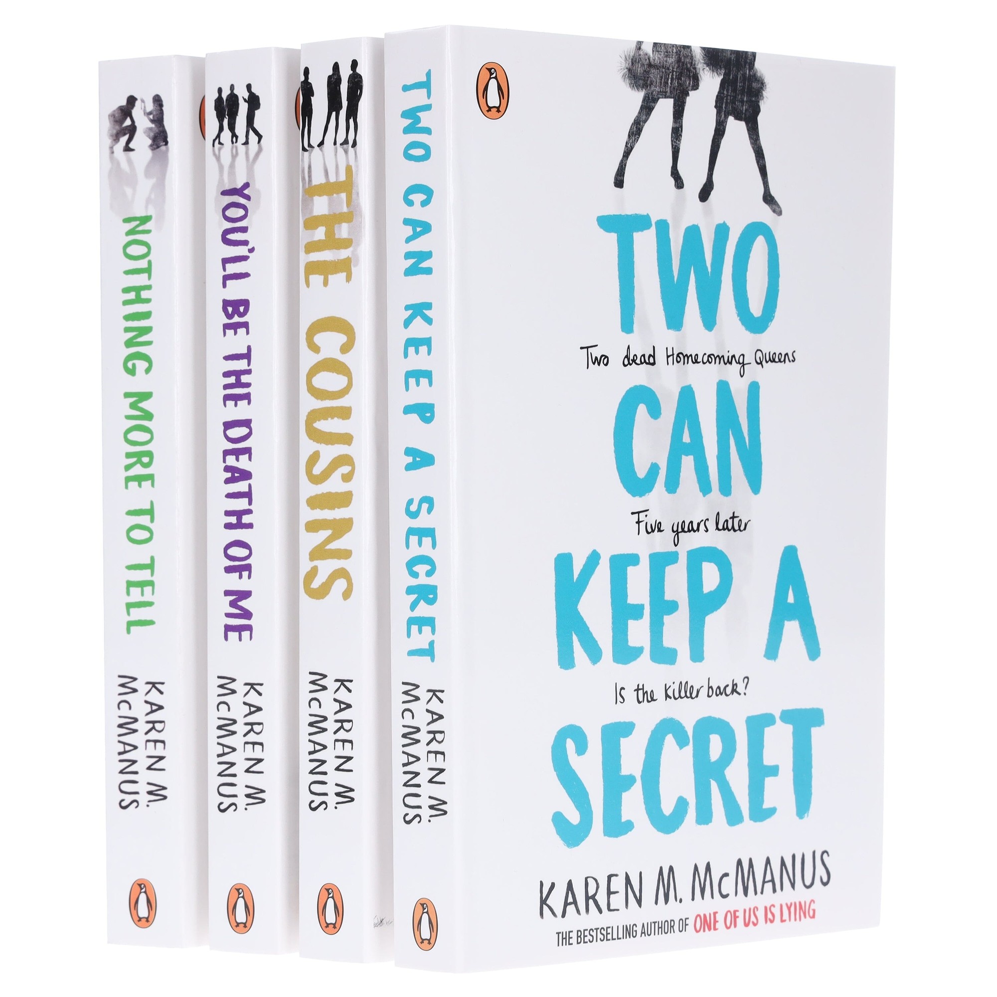 Four paperback books by Karen M. McManus, featuring colorful spines in white, yellow, blue, and purple, with titles prominently displayed on the front covers.