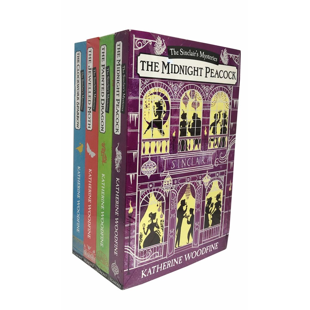 Four paperback books from "The Sinclair's Mysteries" collection by Katherine Woodfine, featuring colorful spines in blue, green, red, and purple, with intricate cover designs and silhouettes.