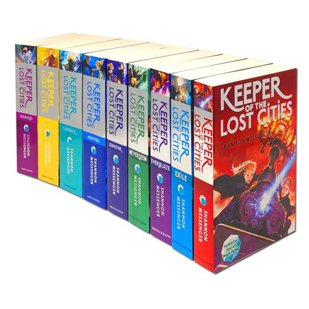 Nine paperback books from the "Keeper of the Lost Cities" series by Shannon Messenger, featuring colorful spines and vibrant cover art, arranged in a row with the first book prominently displayed.