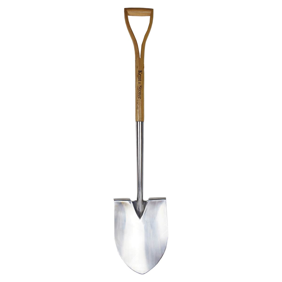 Kent & Stowe stainless steel pointed spade with a polished metal blade, wooden D-shaped handle, and engraved logo, designed for durability and ease of use in gardening.
