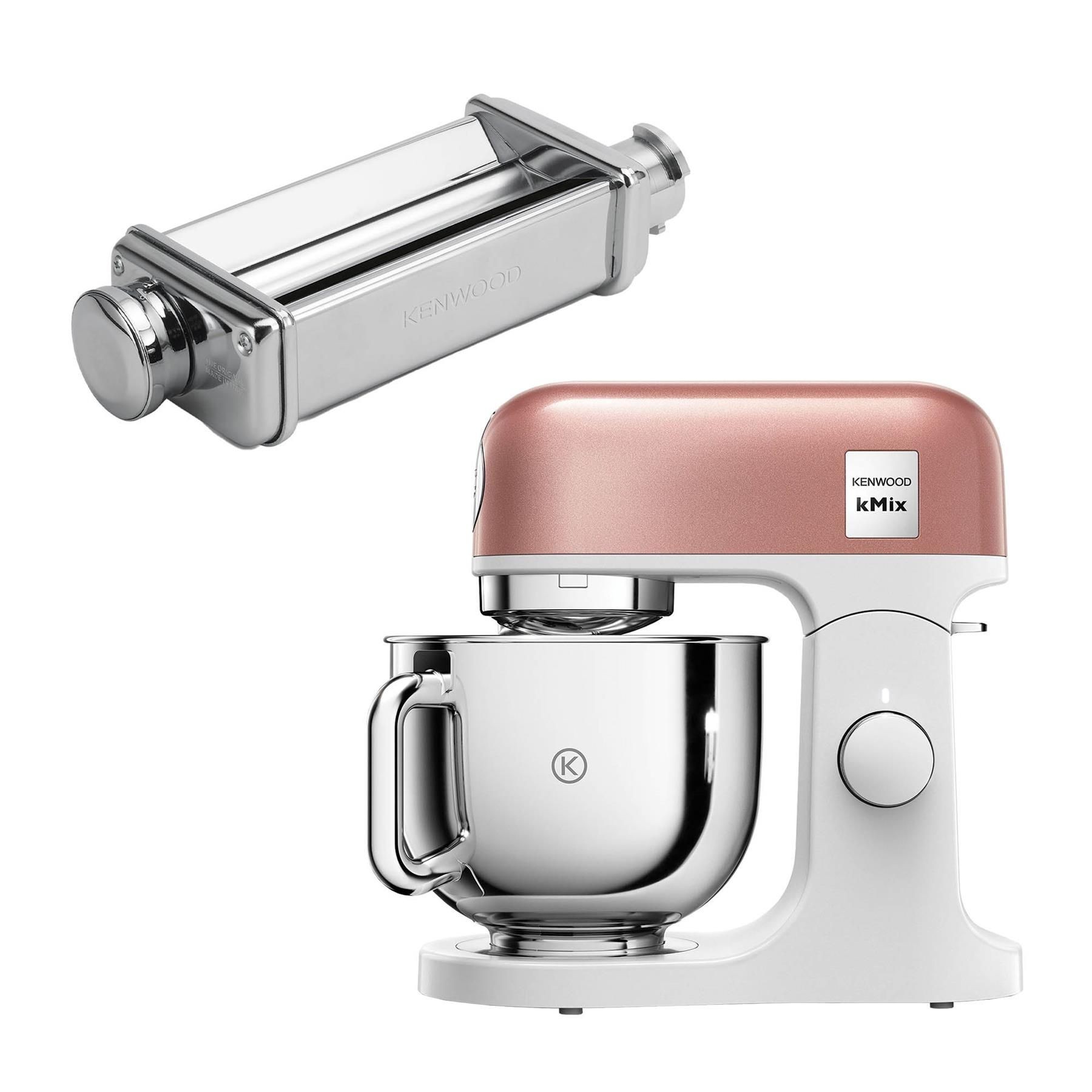 Kenwood 5L kMix Stand Mixer in apricot pink with a stainless steel bowl and a pasta expert attachment, featuring a sleek design and modern finish.