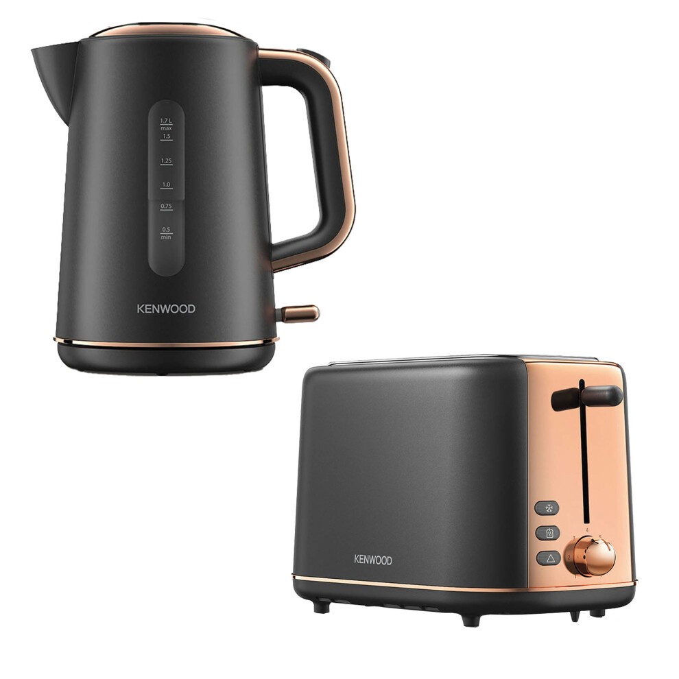 Kenwood Abbey Lux kettle and toaster set in grey with gold accents, featuring a 1.7L kettle with a sleek handle and a two-slice toaster with adjustable settings.