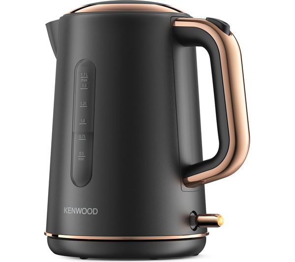Sleek black electric kettle with a metallic rose gold handle and lid, featuring a water level indicator and a power switch at the base.