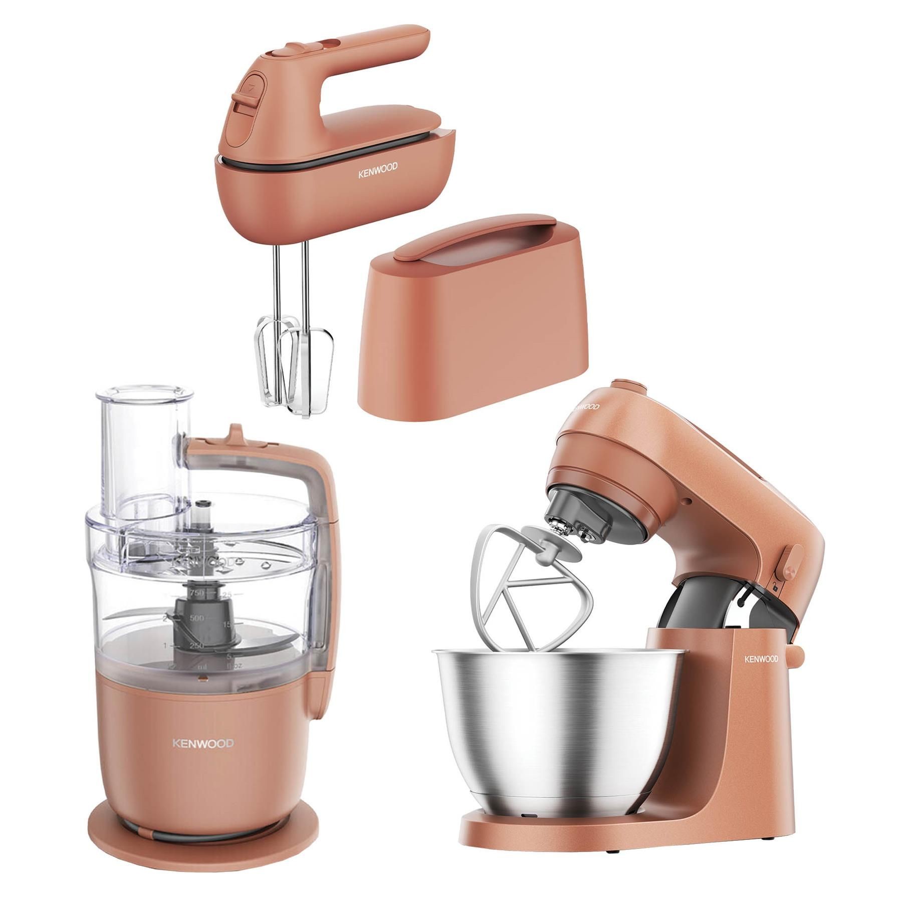 Kenwood Go Food Processor and Stand & Hand Mixer in Storm Clay Red, featuring a sleek design, stainless steel bowl, and detachable mixer attachments.
