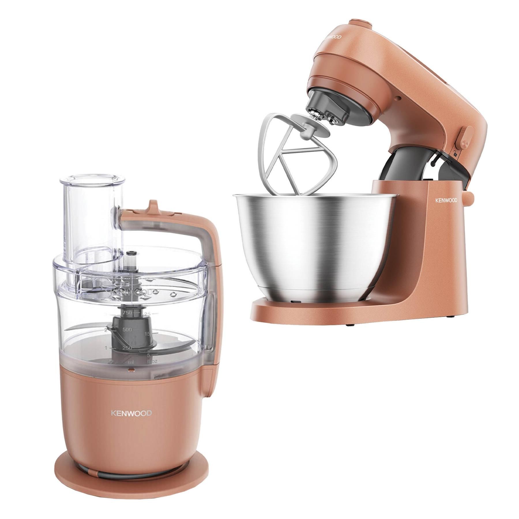 Kenwood Go Food Processor and Stand Mixer in Storm Clay Red, featuring a stainless steel bowl, a mixing attachment, and a transparent food processor bowl.
