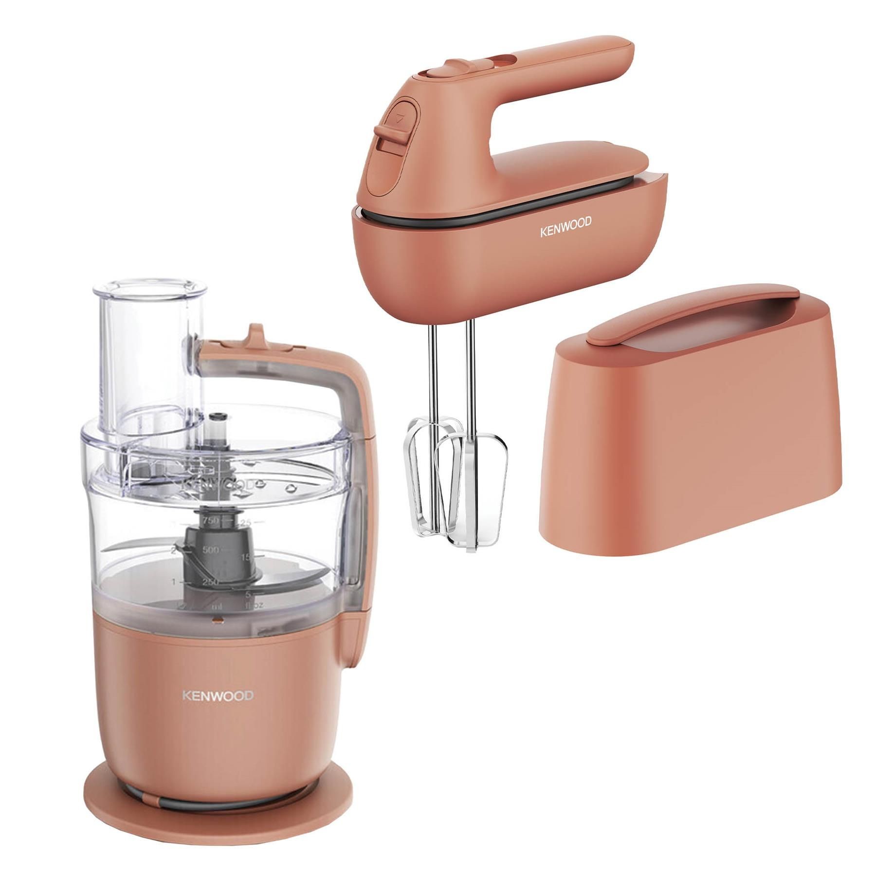 Kenwood Go Food Processor and Hand Mixer in Storm Clay Red, featuring a sleek design with a transparent bowl, mixing attachments, and a compact storage base.