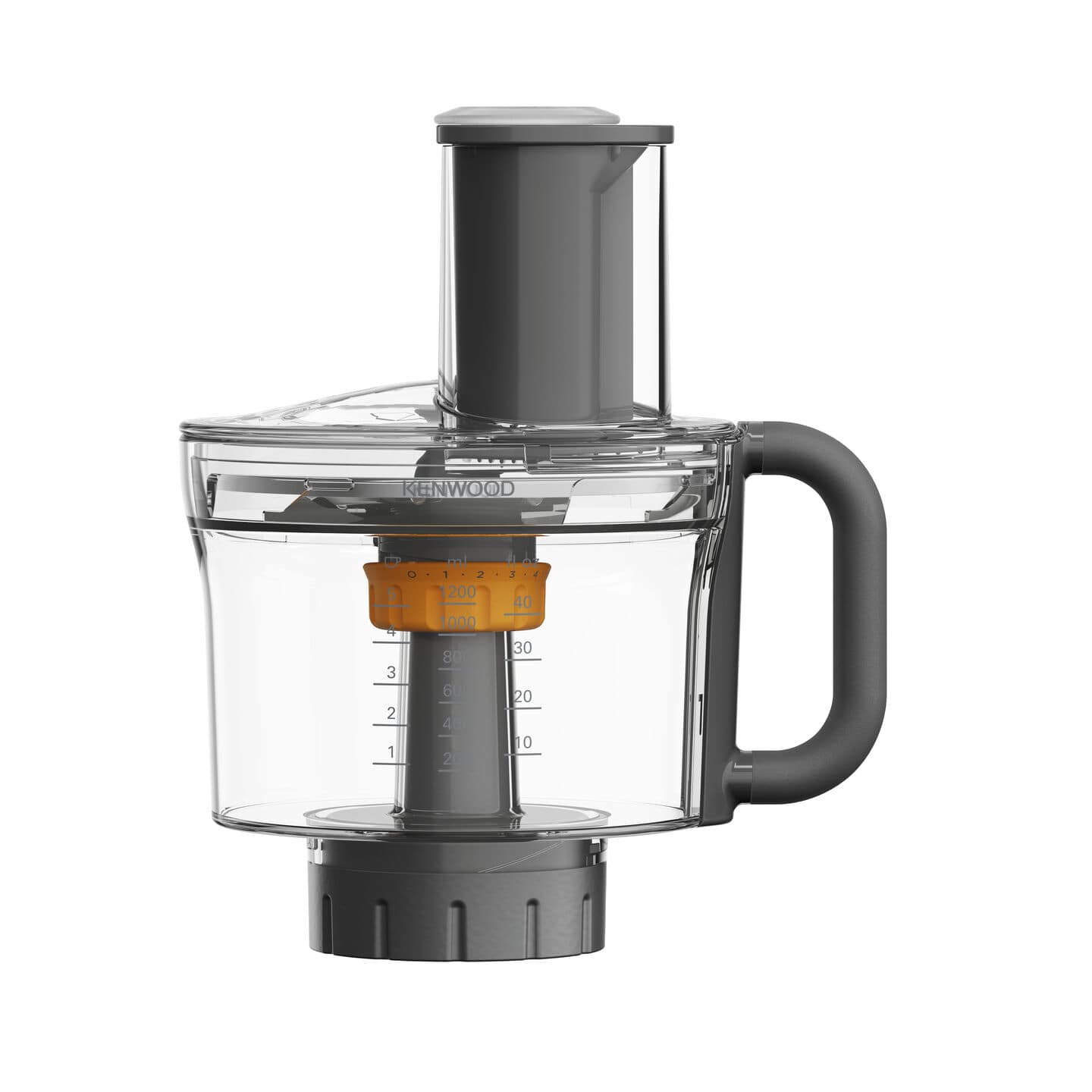 Kenwood Food Processor Attachment in grey, featuring a transparent bowl with measurement markings, orange center, and a sturdy handle for easy use, designed for Kenwood Chef models.