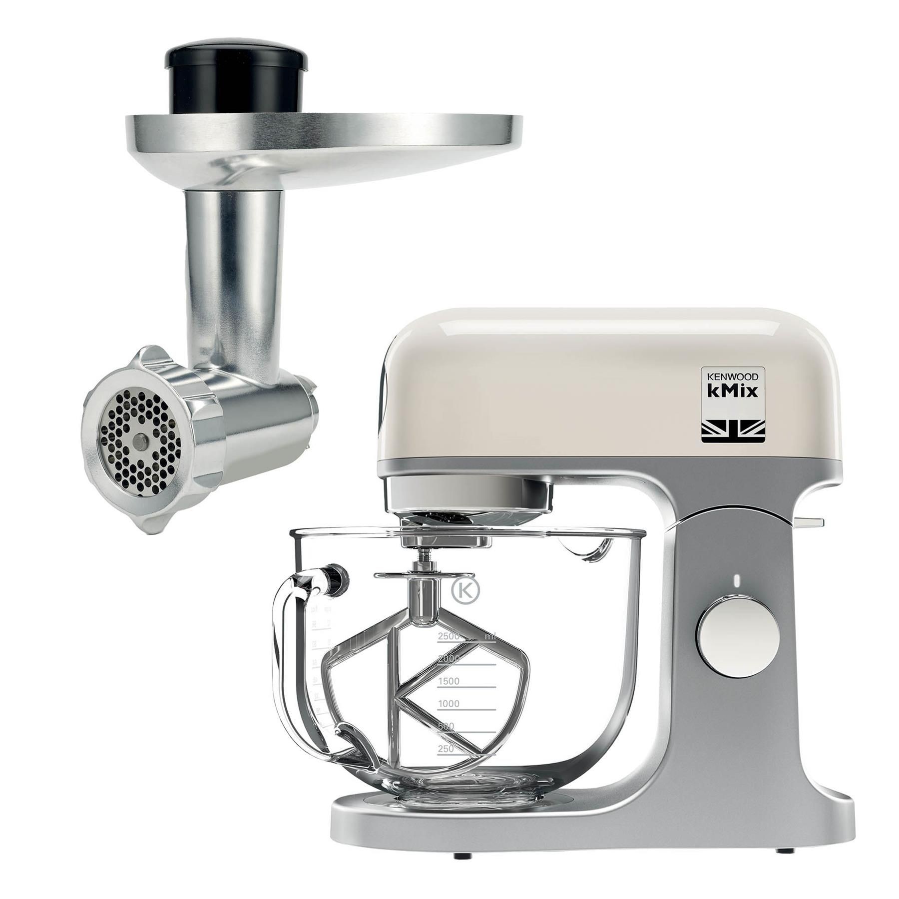 Kenwood 5L kMix stand mixer in cream with a stainless steel bowl, featuring a silver food mincer attachment and a distinctive whisk design.