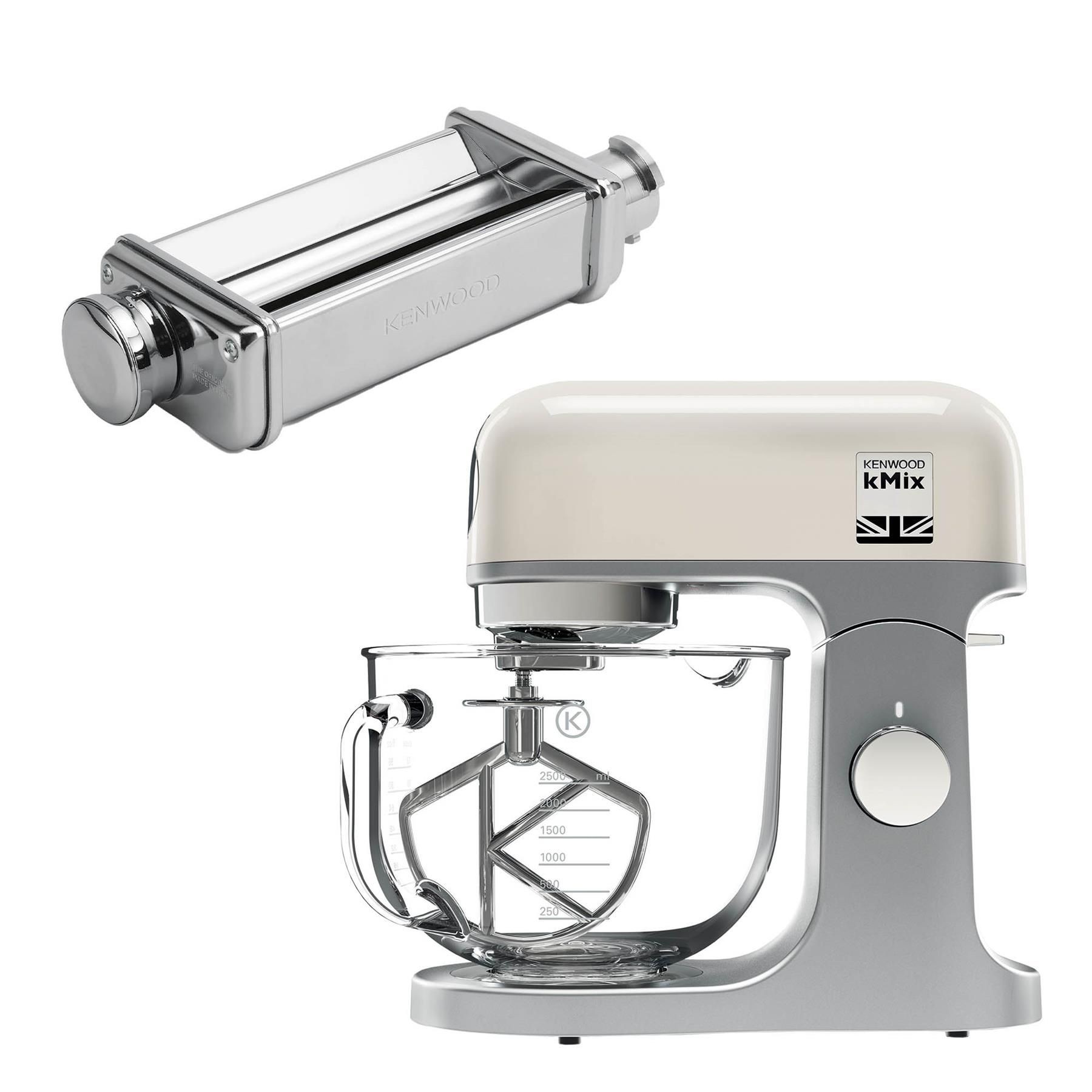 Kenwood 5L Kmix stand mixer in cream with a stainless steel lasagne roller, featuring a glass mixing bowl and a silver base with a white control knob.
