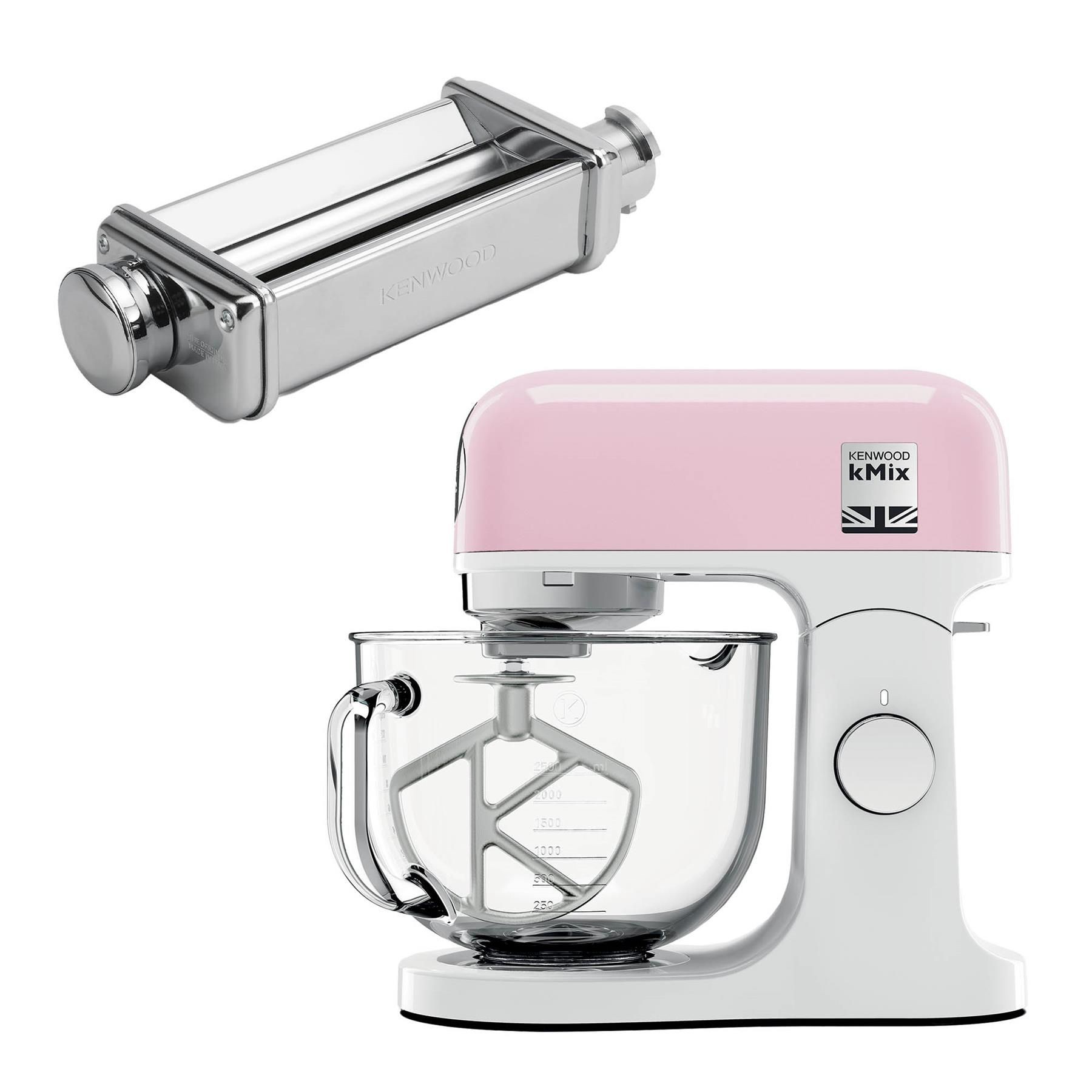 Kenwood kMix stand mixer in pink with a glass mixing bowl and stainless steel food mincer attachment, featuring a sleek design and user-friendly controls.