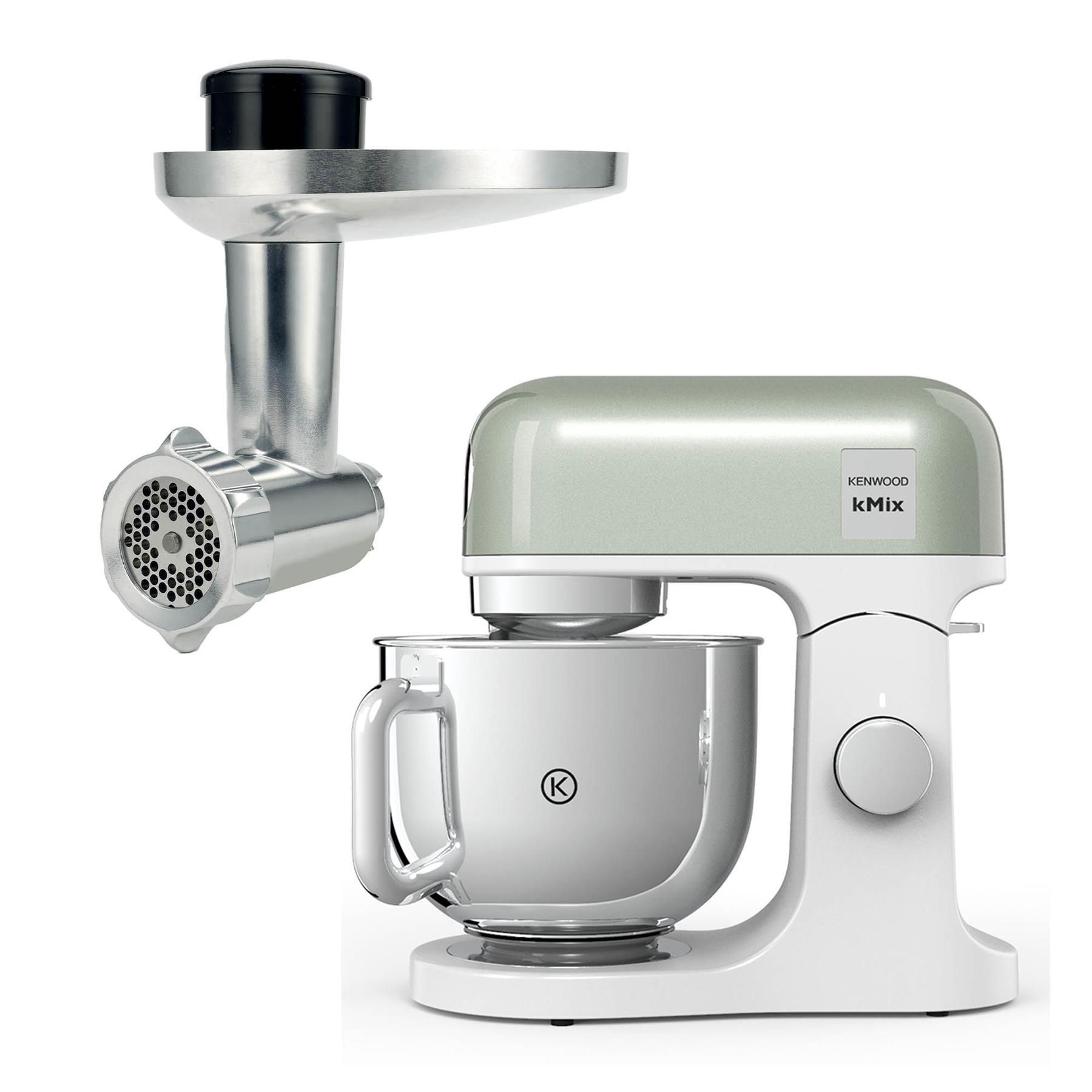 Kenwood kMix stand mixer in green with a stainless steel 5L bowl and a food mincer attachment, featuring a sleek design and easy-to-use controls.