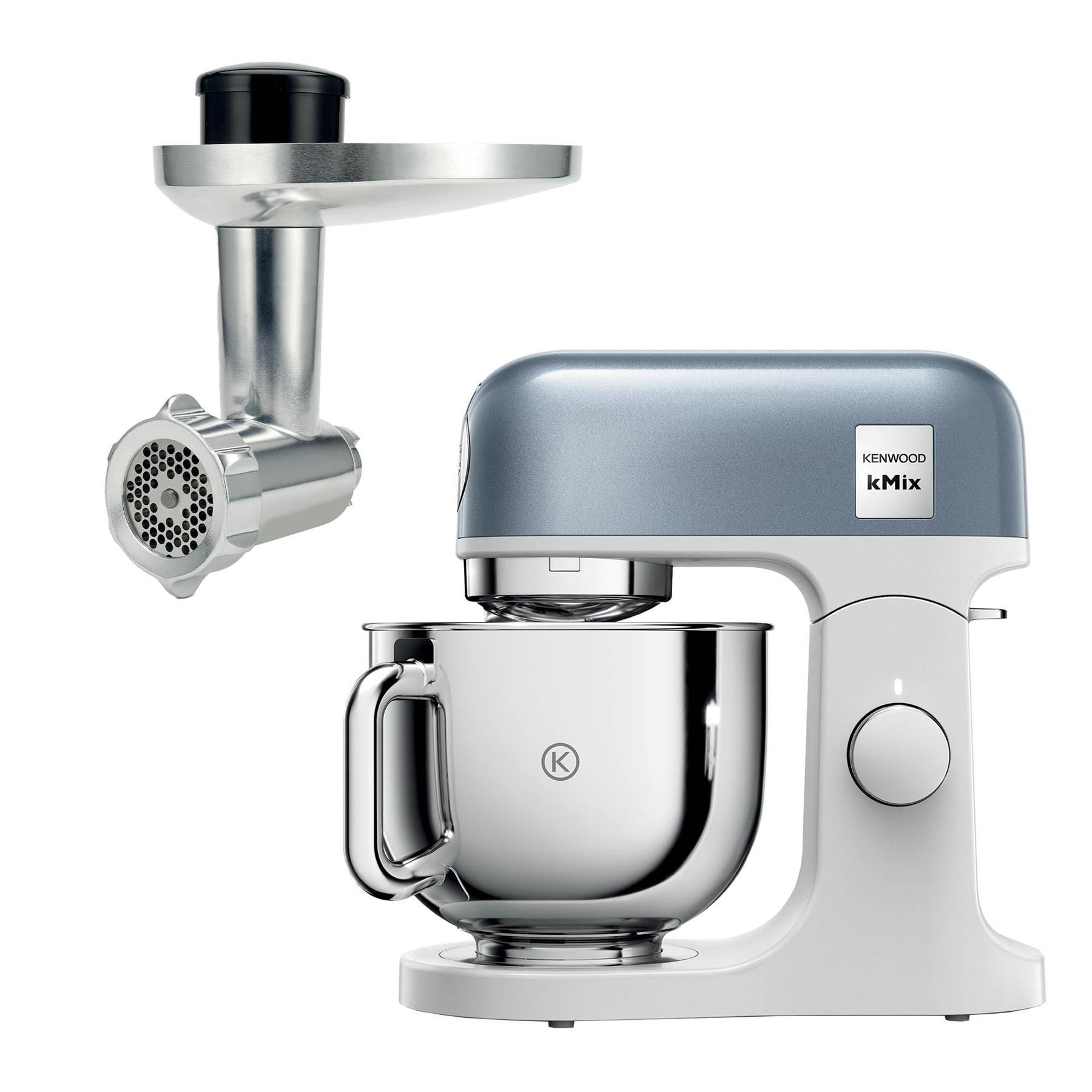 Kenwood kMix stand mixer in blue with a polished stainless steel bowl and a food mincer attachment, featuring a sleek design and a prominent control knob.