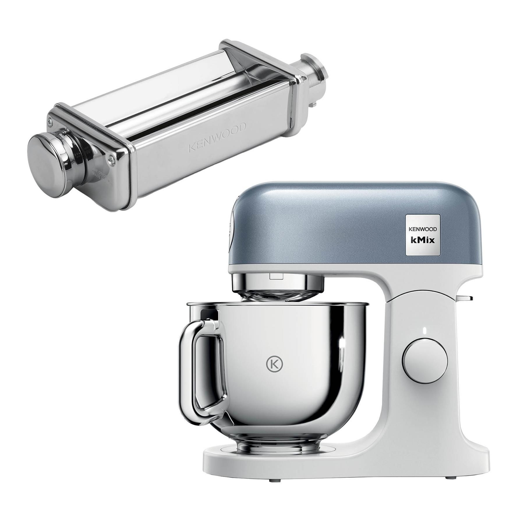 Kenwood 5L kMix stand mixer in blue with a polished stainless steel bowl and a lasagne roller attachment, featuring a sleek design and easy-to-use controls.