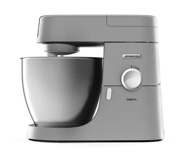Kenwood Chef XL Stand Mixer in silver with a 6.7L stainless steel bowl, featuring a powerful 1200W motor and a sleek design, ideal for various kitchen tasks.