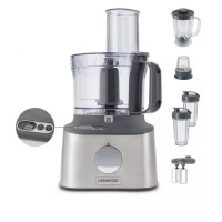 Kenwood 800W Multipro Compact 5-in-1 food processor in silver stainless steel with a transparent bowl, multiple attachments, and a digital weighing scale feature.