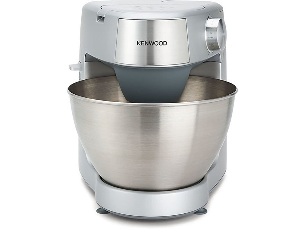 Silver Kenwood Prospero+ KHC29.A0SI stand mixer featuring a stainless steel bowl, a sleek design, and a control knob for easy operation.