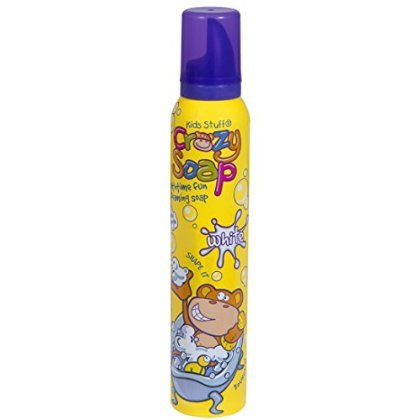 White mouldable bath foam in a 225 ml spray can, featuring a playful cartoon monkey, vibrant yellow packaging, and a purple cap, designed for children's bath time fun.