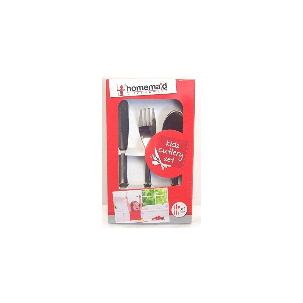 Three-piece kids metal cutlery set in a red box, featuring a fork, knife, and spoon, with a playful design and a photo of a child on the packaging.