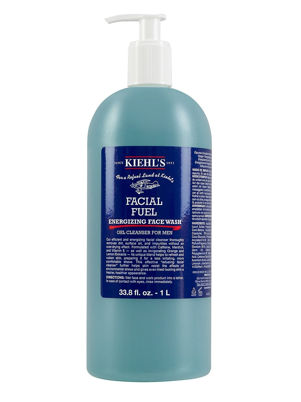 Clear blue plastic bottle with a pump dispenser, labeled "KIEHL'S Facial Fuel Energizing Face Wash 1L," featuring white and blue text on a dark blue background.