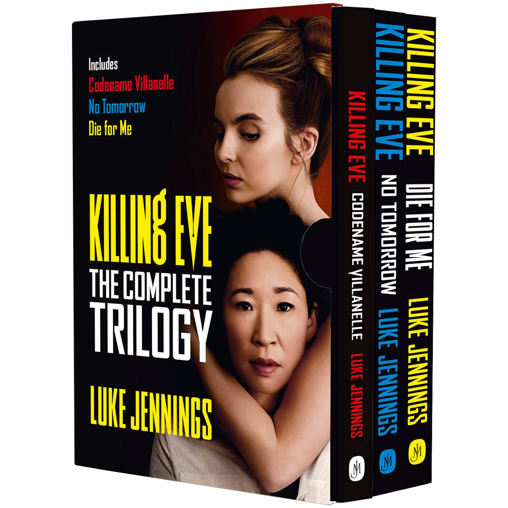 Complete trilogy box set of "Killing Eve" by Luke Jennings, featuring three book spines in a black and colorful design, with images of two women on the front cover.