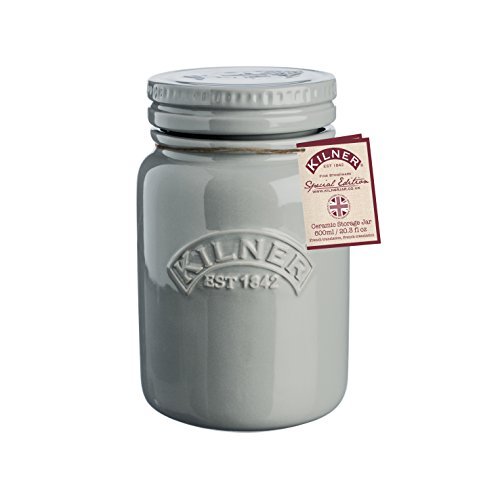 Ceramic storage jar in a soft morning mist grey, featuring a metal lid and embossed "Kilner" logo, with a decorative tag attached.