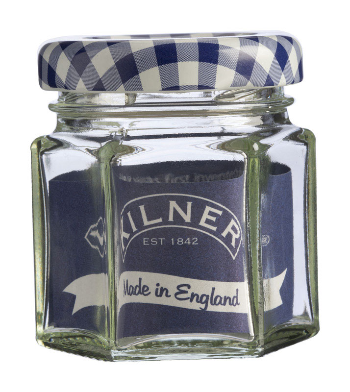 Kilner hexagonal glass jar with a transparent body, blue and white gingham twist top lid, and a label reading "Kilner EST 1842 Made in England," holding 48ml capacity.
