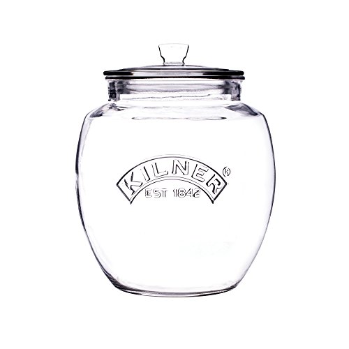 Clear glass Kilner push top preserve jar with a 2000ml capacity, featuring a round shape, embossed logo, and a secure lid with a rubber seal.