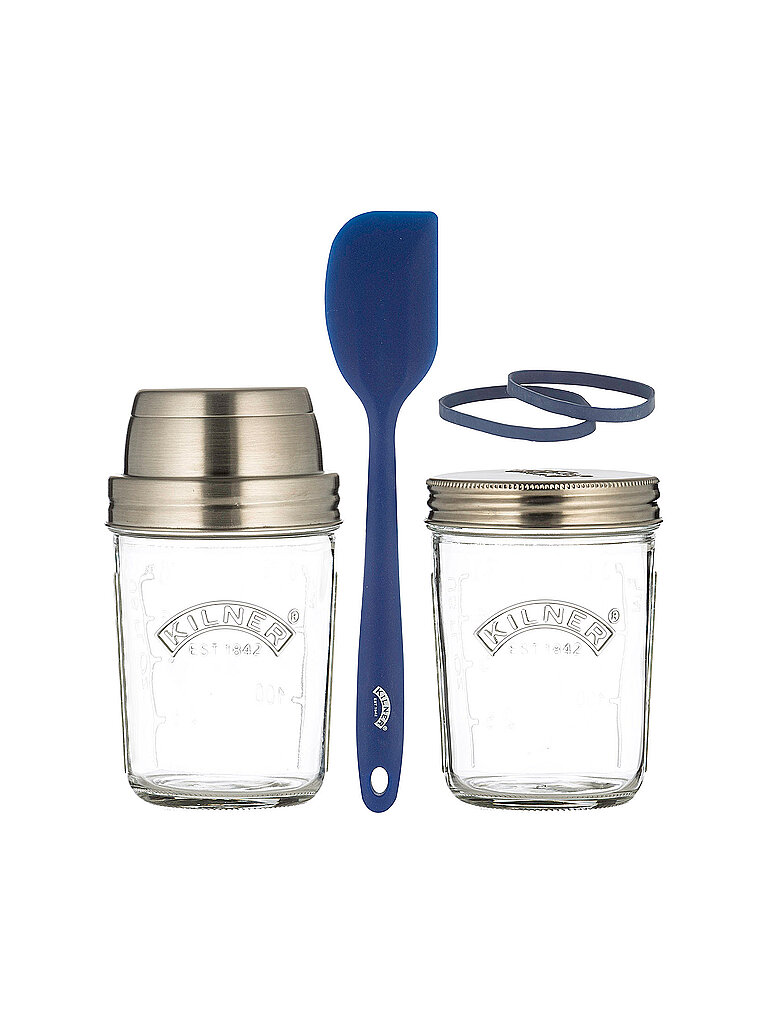 Clear glass jars with metal lids, a blue silicone spatula, and rubber bands, all branded with "Kilner," designed for sourdough starter preparation.
