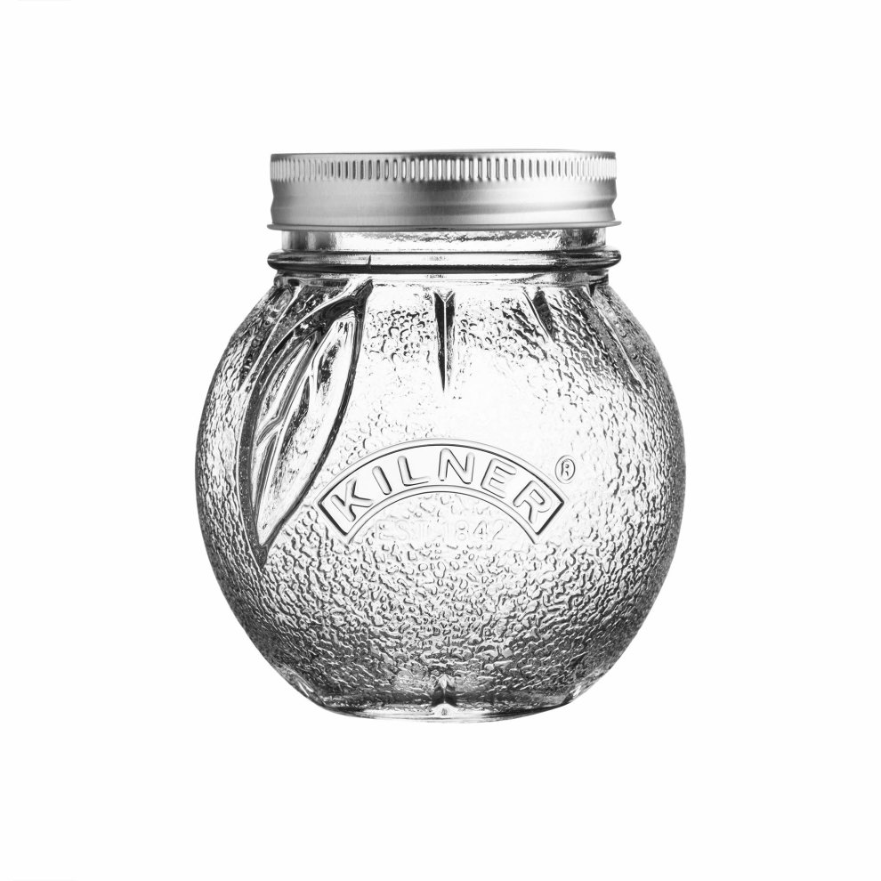 Clear glass Kilner preserve jar with a textured surface, featuring a silver metal lid, holds 13.5 oz, ideal for canning and preserving.