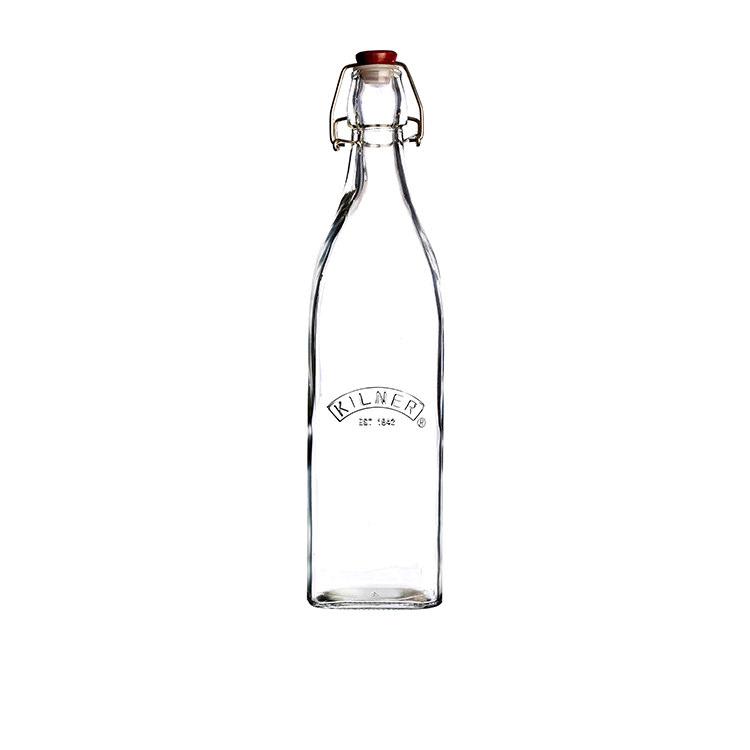 Clear glass Kilner Clip Top Bottle, 1000ml capacity, featuring a metal wire swing-top lid and a red rubber seal, embossed with "Kilner" and established date.