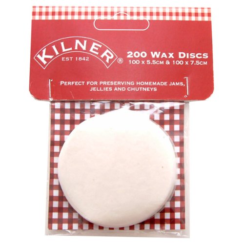 Kilner Wax Discs for preserving, pack of 200, featuring two sizes (5.5cm and 7.5cm), in a clear packaging with a red and white checkered header.