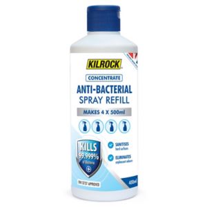 Kilrock Concentrate Antibacterial Spray refill bottle, white plastic with blue and red accents, labeled for 400ml, claims to kill 99.999% of germs and makes four 500ml sprays.