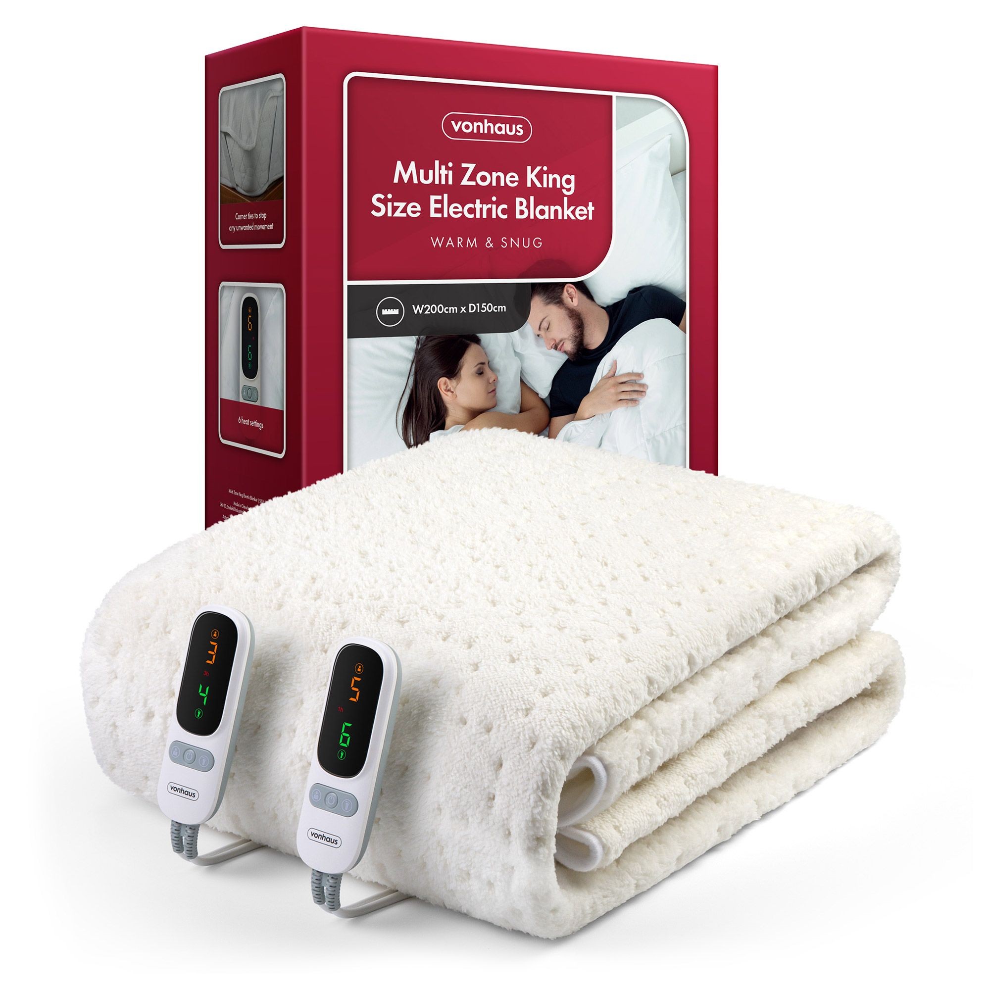 King size multi-zone electric blanket in soft cream fabric, featuring dual control remotes for adjustable heat settings, packaged in a red VonHaus box.